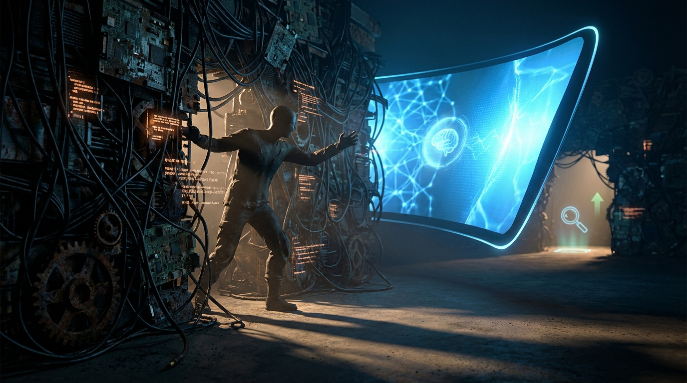 Un individu dans un environnement de circuits désordonnés et fils, face à un écran lumineux d'IA avec cerveau et réseau, cherchant la visibilité SEO.