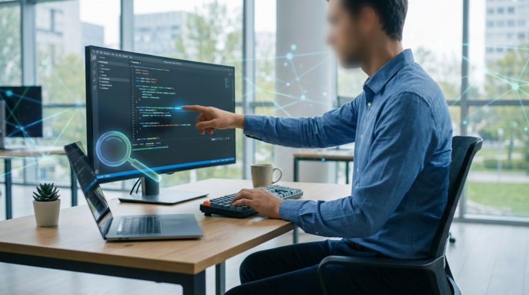 Un développeur pointe du doigt du code sur un écran géant affichant une loupe, sur un bureau moderne. Il débogue des erreurs.