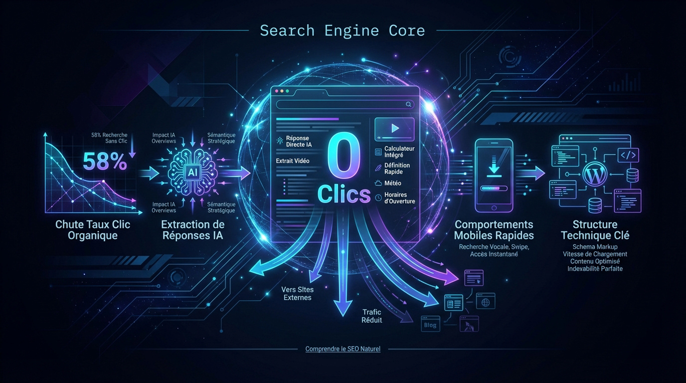 Infographie expliquant l'impact du Zero-click SEO et des AI Overviews sur le taux de clic