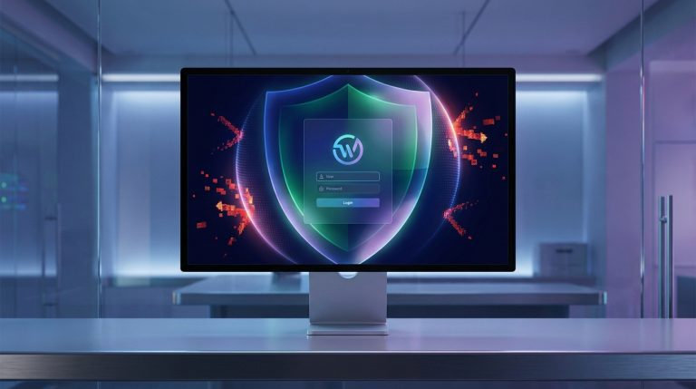 Moniteur affichant une interface de connexion sécurisée avec un bouclier et un logo stylisé sur un bureau. Contexte de cybersécurité.