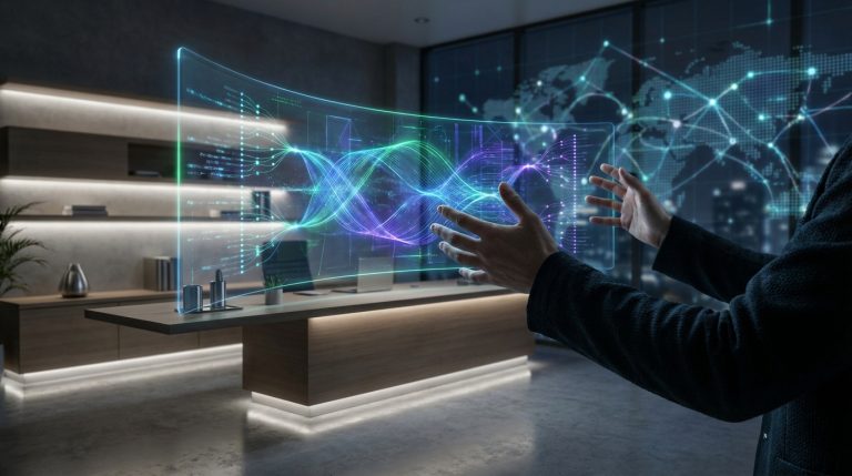 Personne interagissant avec un écran holographique lumineux affichant des données complexes et des ondes colorées. Bureau moderne, carte du monde en fond.