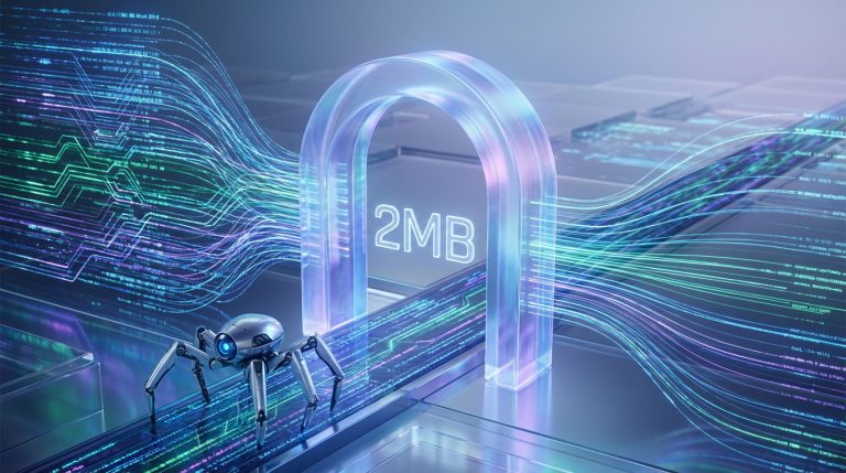 Un robot araignée (Googlebot) navigue un flux de données lumineuses traversant une arche de 2MB, symbolisant les limites HTML.