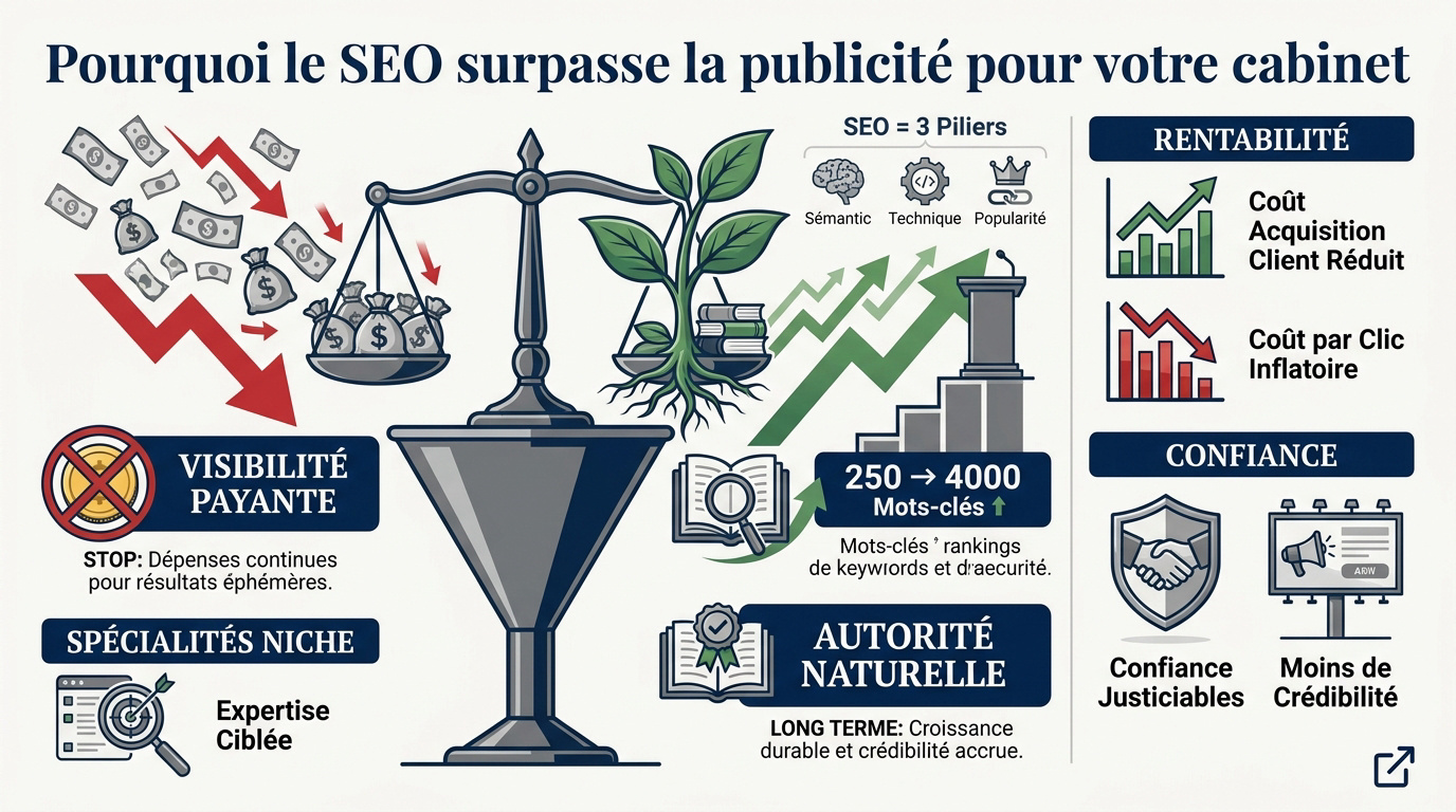 Comparaison entre le référencement naturel SEO et la publicité payante SEA pour un cabinet d'avocats
