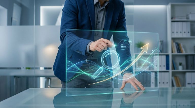 Homme en costume interagissant avec un écran holographique affichant une loupe, une flèche de croissance et des données.