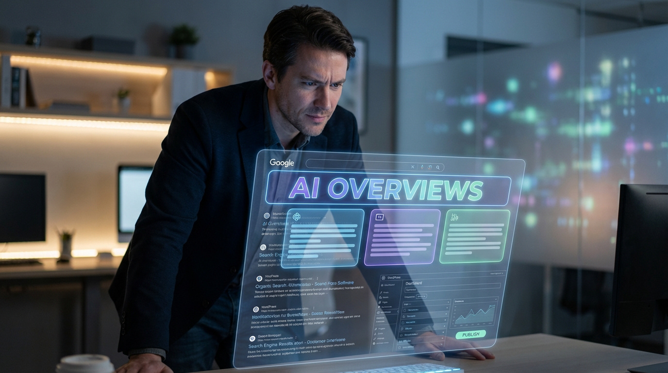 Homme en costume concentré sur un écran holographique affichant les "AI Overviews" de Google, simulant des résultats de recherche et la publication de contenu.