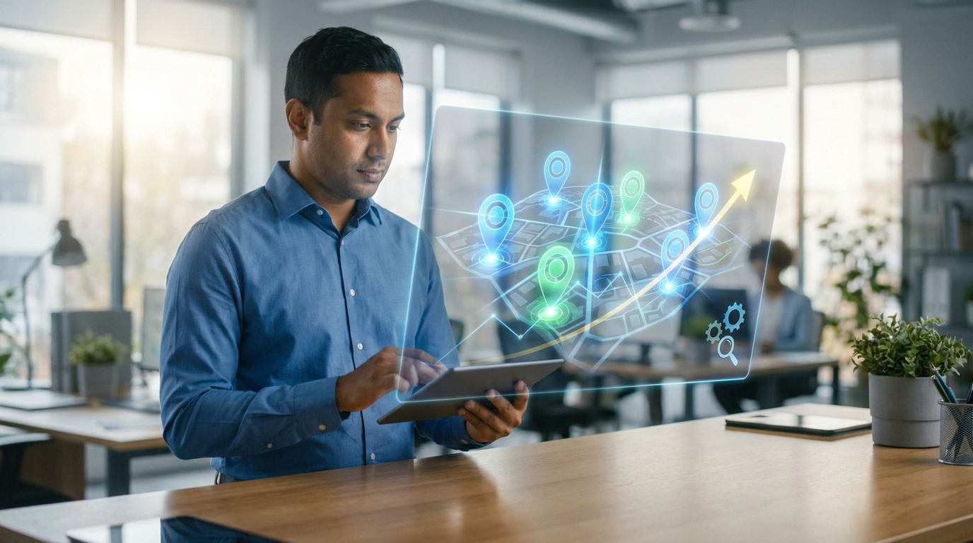 Homme sur tablette, interagissant avec une carte holographique affichant des repères géographiques et une flèche de croissance, pour optimisation locale.